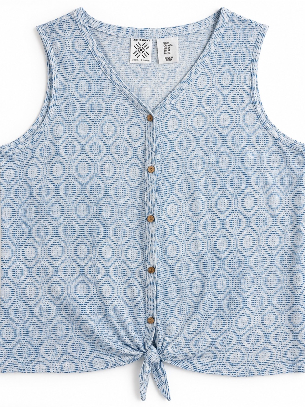 Artisan NY 100% Linen Blue White Tie-Front Tank Top M
